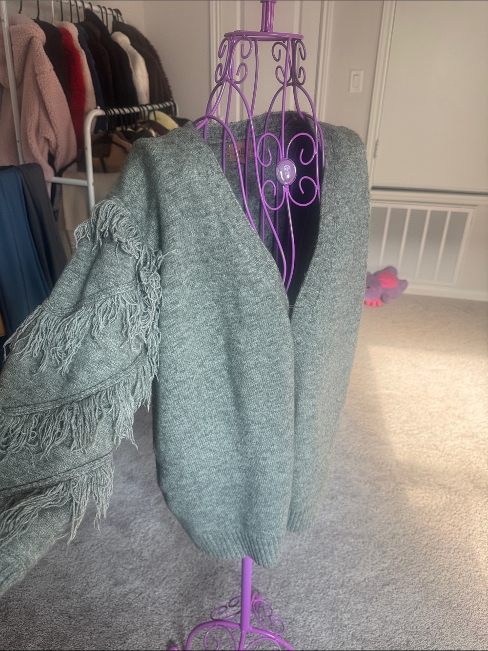BIBI Fringe Sleeve V-Neck Cardigan Sweater in light gray/Sage Green